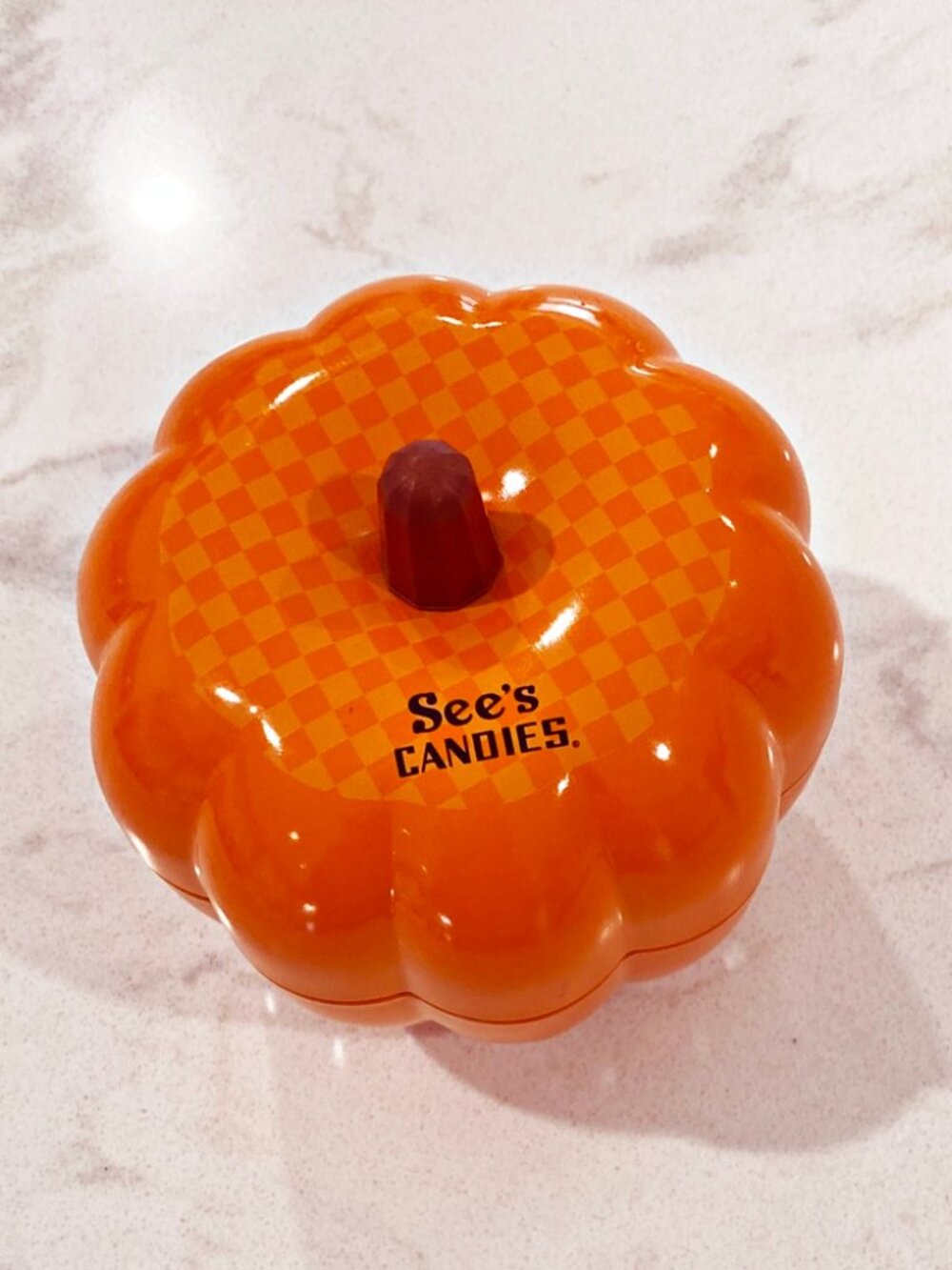 Sees Candies Pumpkin Tin  Halloween Lidded Covered Orange Candy Dish